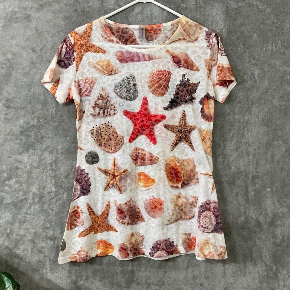 Miss Nikky Embellished burnout novelty print tunic top  Women's S beach travel